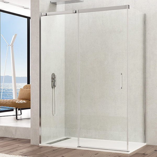 Mampara de ducha GME TEMPLE de acero inoxidable de una puerta corredera + lateral fijo