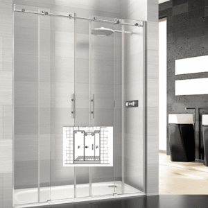 Mampara de ducha de 1 puerta corredera y 2 fijos de acero inoxidable y cristal de seguridad a elegir
