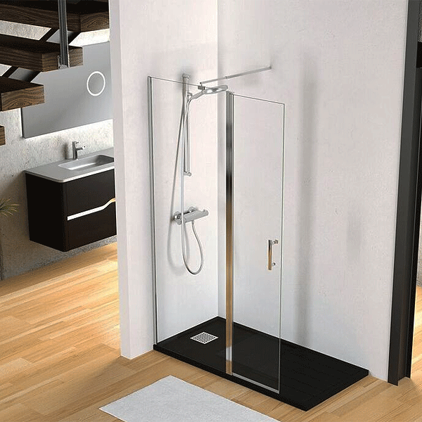 Mampara de ducha fija con puerta abatible de cristal