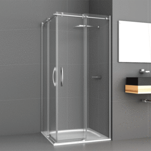 Mampara de ducha de esquina con puertas correderas y perfileria de aluminio y acero con cristal transparente