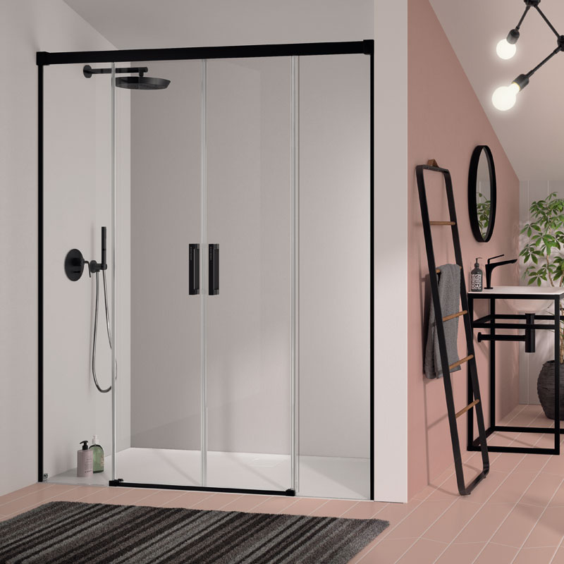 Mampara de ducha de 2 puertas correderas y 2 fijos KASSANDRA Glase GS 100 4 Mampara de ducha con acabado negro