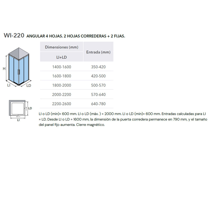 Mampara de ducha en esquina de puertas correderas PROFILTEK Wind WI-220 8 Wi medidas para mampara de ducha