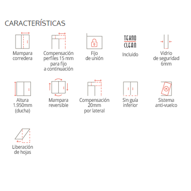 Mampara de ducha de 2 puertas correderas y 2 fijos PROFILTEK Salma SA-325 6 Caracteristicas para mampara de ducha