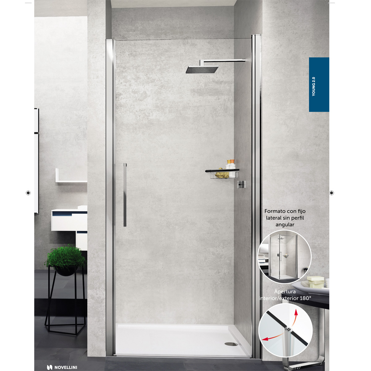 Mampara de ducha de 1 puerta batiente NOVELLINI YOUNG 2.0 1B 5 Mampara de ducha de 1 puerta batiente NOVELLINI YOUNG 2.0 1B