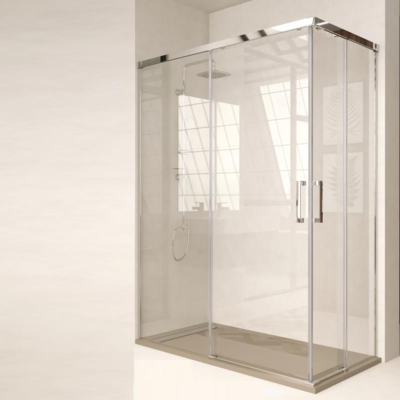 Mampara de ducha en esquina de 2 correderas y 2 fijos de cristal - Ideal  Mamparas